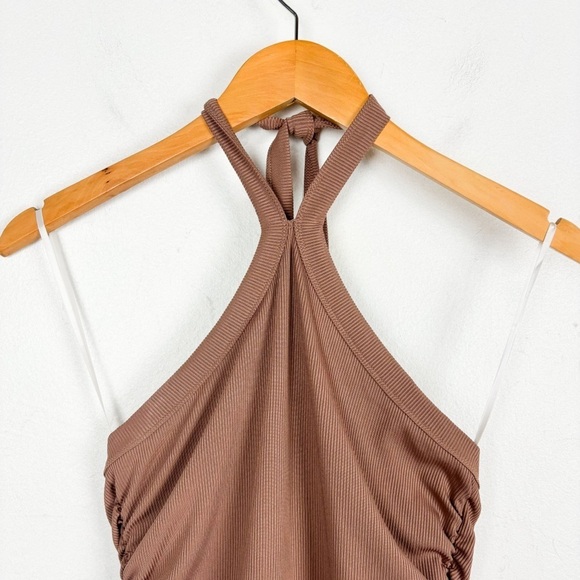 RUMOR Brown Ruched Ribbed Halter Mini Dress Sz 10 - Picture 3 of 7